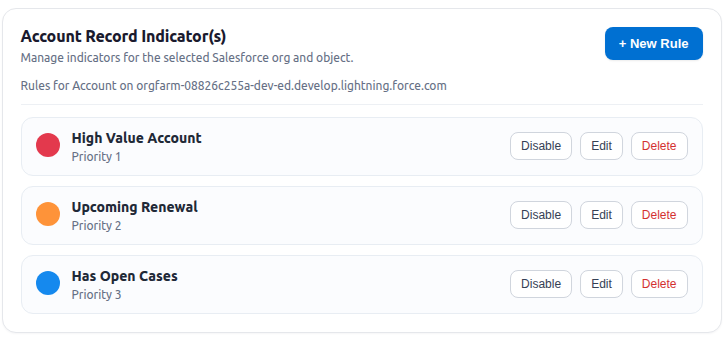 Salesforce Record Indicator options view listing multiple account indicator rules.