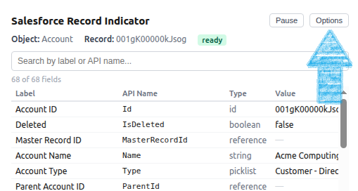 Chrome extensions menu showing the Salesforce Record Indicator extension.